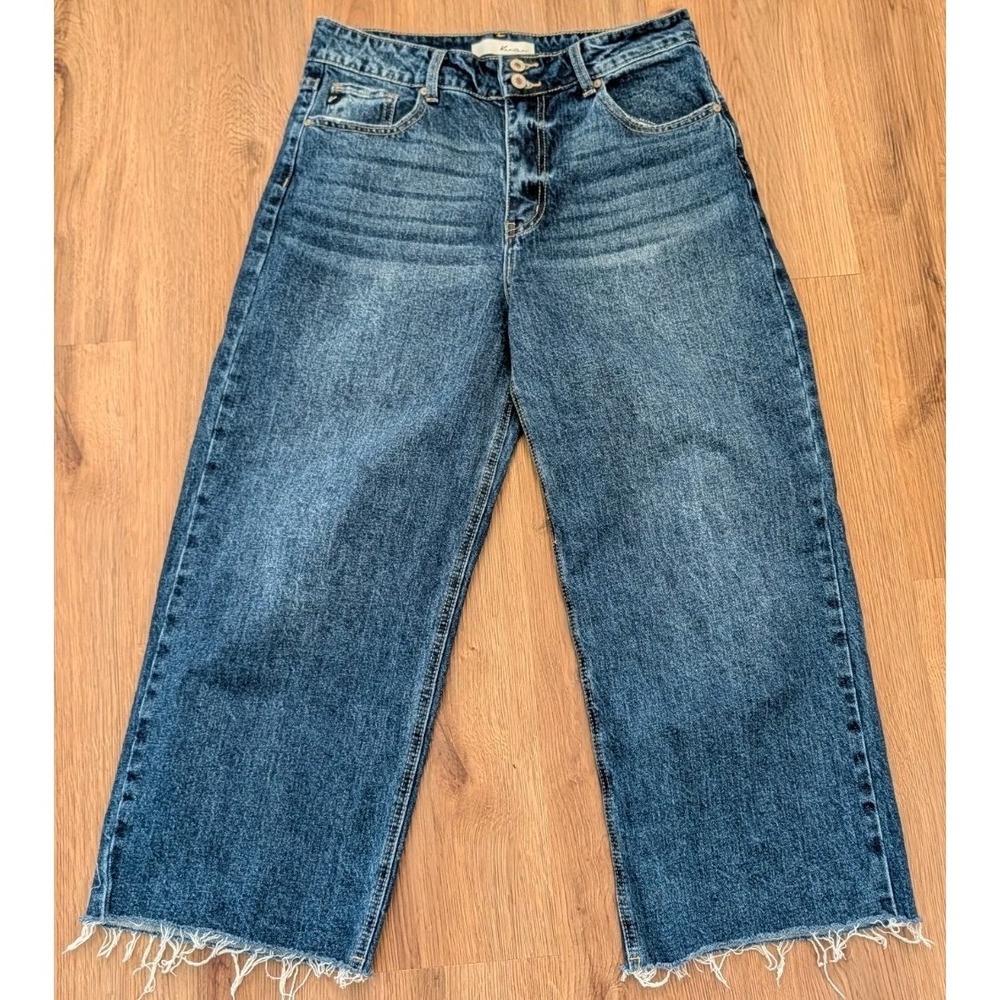 Kancan Jeans Womens 32" X 24" Cropped Wide Leg Baggy Raw Hem Medium Wash Denim